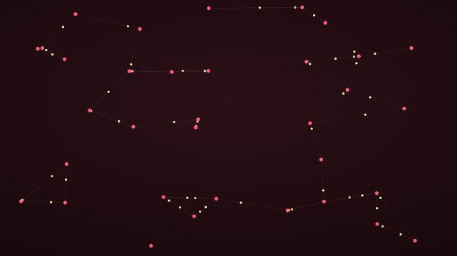 Digital illustration of a star constellation map with pink and yellow dots on dark background