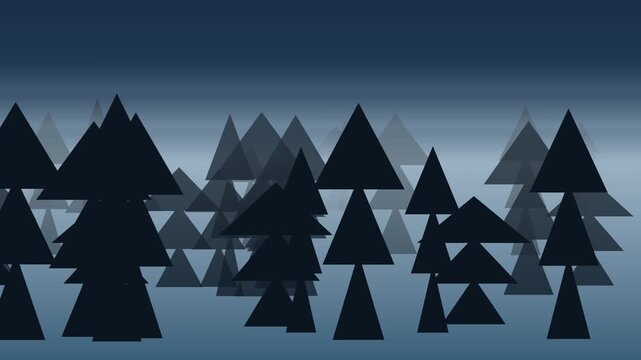 Abstract geometric forest scene with layered triangles in dark blue and black tones