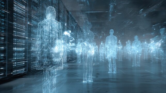 Digital silhouettes in a futuristic data center