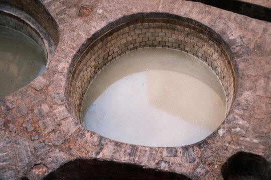Close-Up of White Stone Tanning Vat in Fes Tanneries Morocco 
