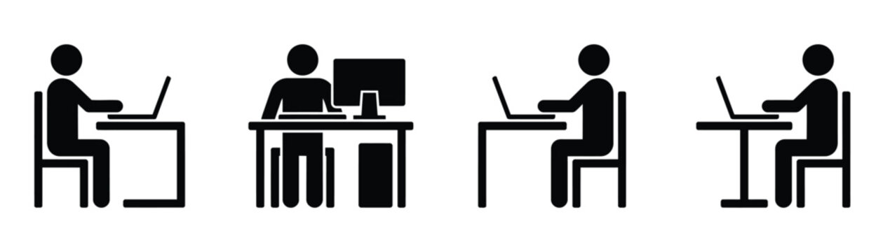 People working at desks with laptops and computers black silhouette Icon for business, office, remote work, technology for online work.