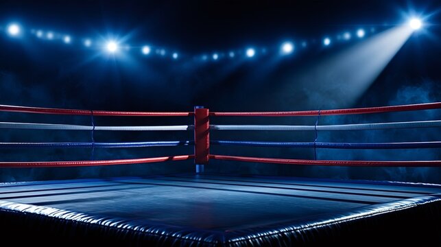 Empty boxing ring with red, white, and blue ropes in a dark arena, lit by dramatic spotlights and subtle smoke, conveying anticipation, challenge, and the spirit of combat sports