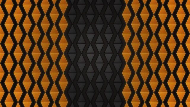 Geometric pattern motion background with orange and dark gray rotating triangular shapes in rows