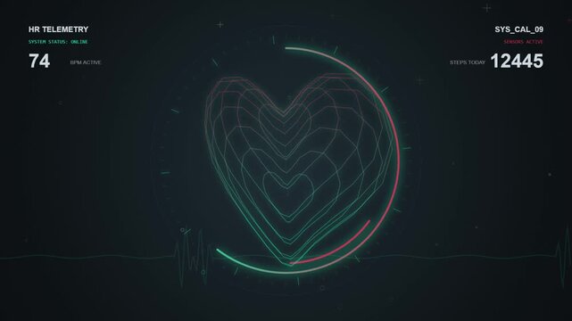 Heart rate monitor animation with digital wireframe pulse and telemetry dashboard numbers rotating