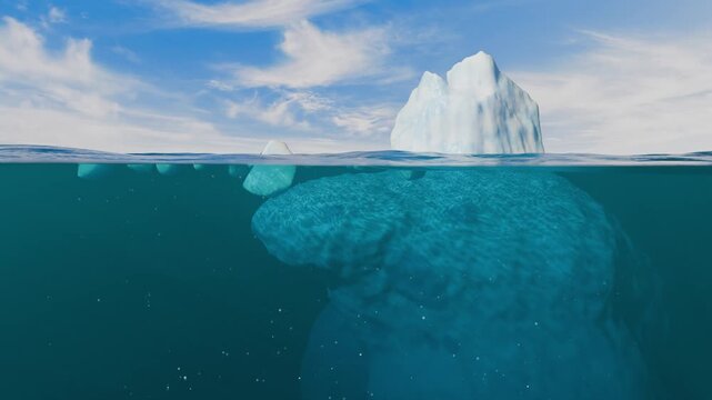 Split view of an iceberg above and below the waterline, its huge hidden underwater mass lit by shimmering caustics in a calm arctic sea, seamless loop