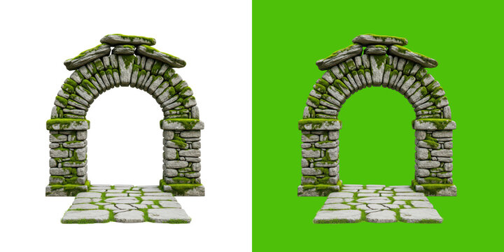 Old stone archway with green moss and cobblestone path garden gate structure