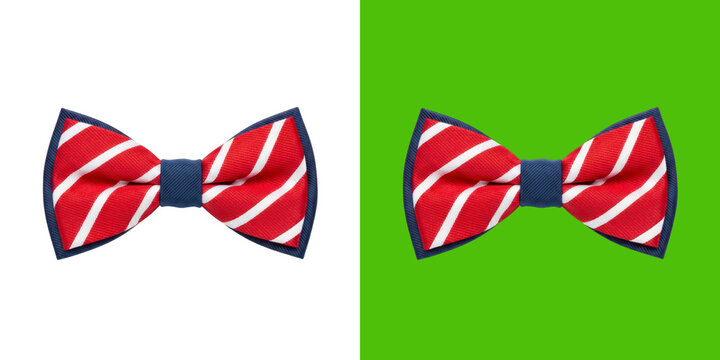 Red and white striped bow tie with dark blue fabric trim accessory
