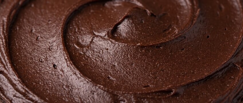 Dark chocolate frosting texture background. Swirl of rich brown cake icing close up. Sweet bakery dessert flat lay