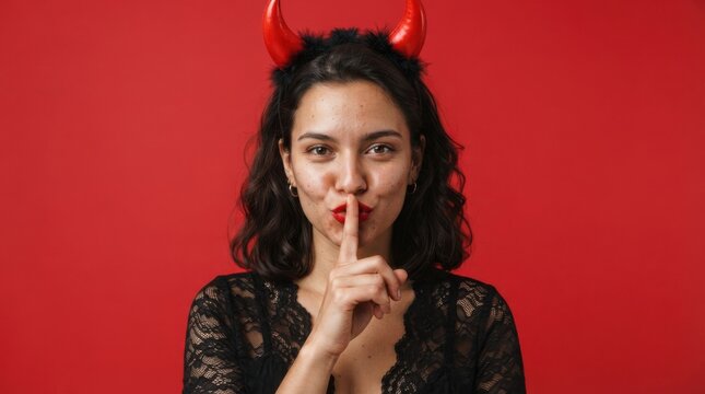 Woman with Devil Horns Making Shushing Gesture