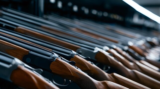 Close up view of polished hunting shotguns arranged in parallel on a gun rack, highlighting warm wooden stocks, dark steel barrels and precision craftsmanship for sporting use and collection