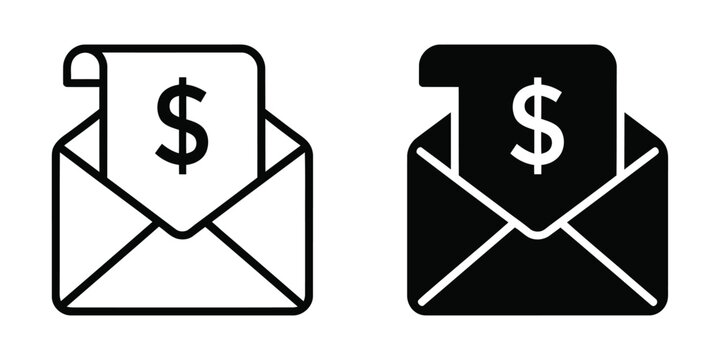 Money Envelope Icon Set, Dollar Payment Mail Symbol, Financial Transaction,banking, currency, cash, income, and Business Finance Communication Illustration.