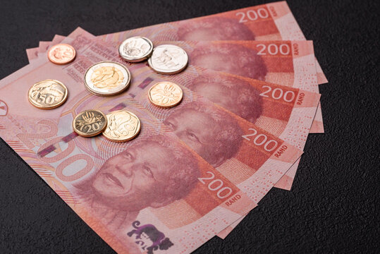 South Africa paper money, rand banknotes and cent coins as currency for exchange or travel