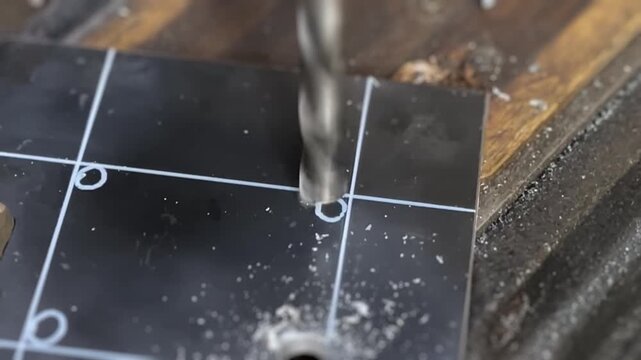 Drill bit entering metal plate over grid cutting mat near wood edge, with scattered shavings and sparks in hands-on workshop machining