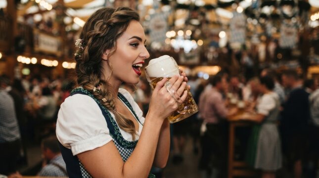 Woman Enjoying Beer at Festive Event