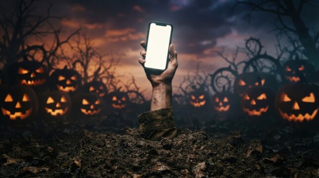 Hand Emerging from Ground Holding Smartphone with Halloween Pumpkins
