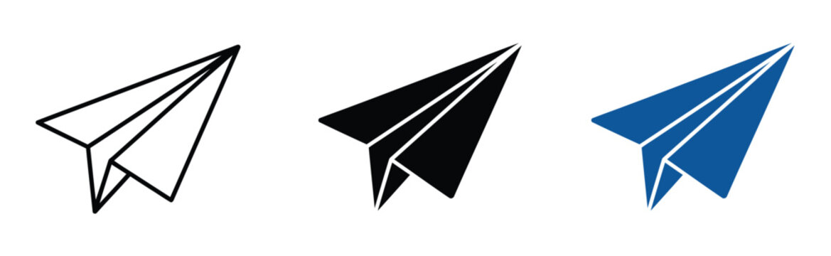Paper Airplane Icon Set in Outline, Black and Blue Styles, Send Message, Email, Communication, Travel and Delivery Symbol.