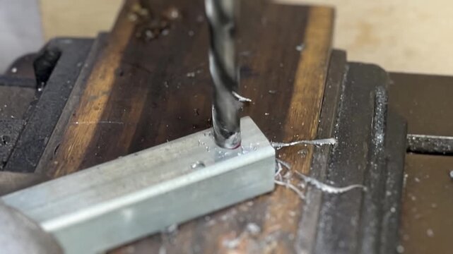 Close up of drill biting into metal block clamped in vise on wooden workbench with warm diffused light, showing rotating bit, close foreground fabric sleeve, and scattered metal chips