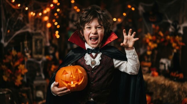 Excited Boy in Vampire Costume Holding Halloween Pumpkin