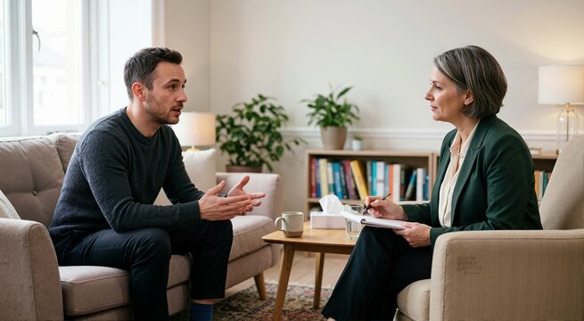 Man discussing impulsive spending during mania with therapist. Impulsive spending and practical consequences