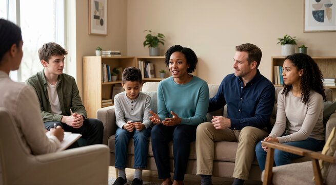 Blended family taking turns speaking in family therapy. Couples and family therapy