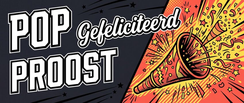 Pop art gefeliciteerd proost banner design with vintage comic book background celebrating birthday and party events with party popper confetti explosion retro typography poster illustration layout.