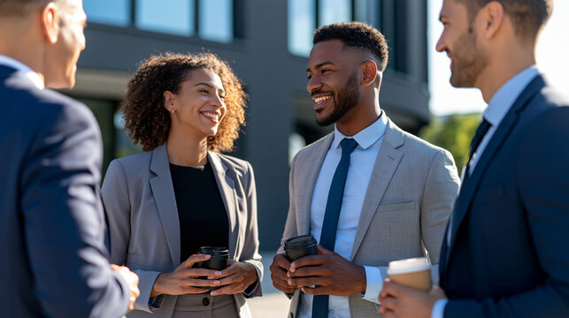 Diverse professionals standing outside an office and exchanging ideas, workplace networking, teamwork, business discussion, outdoor collaboration, modern corporate culture, with
