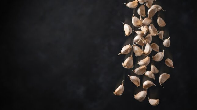 Garlic Cloves Hanging Against Dark Background