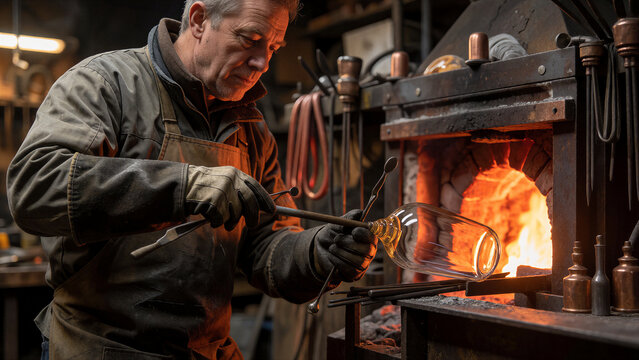 Ein erfahrener Glasbl&auml;ser formt gl&uuml;hendes Glas in einer traditionellen Werkstatt. Das warme Licht des hei&szlig;en Glases und der echte Arbeitsprozess machen das Motiv besonders authentisch.