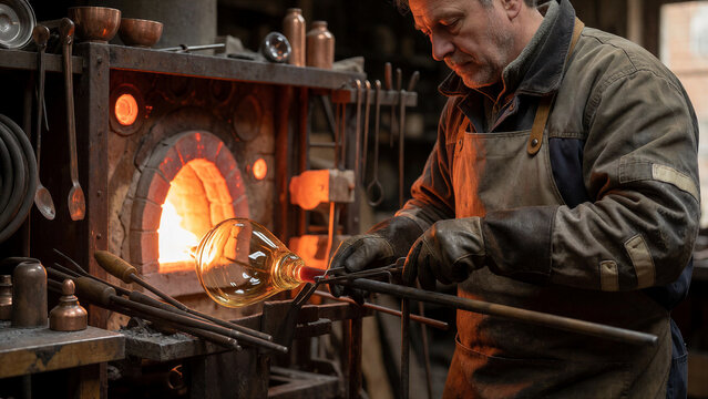 Ein erfahrener Glasbl&auml;ser formt gl&uuml;hendes Glas in einer traditionellen Werkstatt. Das warme Licht des hei&szlig;en Glases und der echte Arbeitsprozess machen das Motiv besonders authentisch.