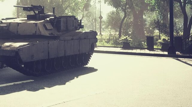 A robust military tank moves through a serene urban neighborhood. Sunlight filters through trees, casting gentle shadows on the pavement. The scene is peaceful despite its armored presence.
