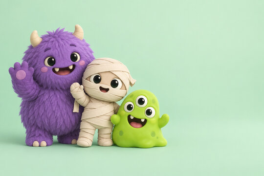 Three cute 3D Halloween monster friends, a fluffy purple monster, a little mummy and a green blob, waving on a pastel mint background with copy space