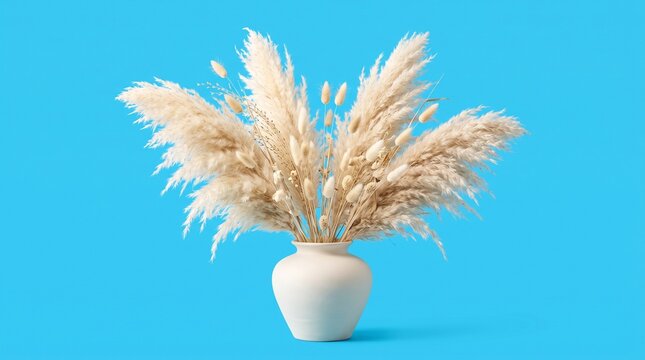 A bouquet of dried pampas grass and bunny tail flowers in a white ceramic vase on blue with decorative arrangement dried ornamental grasses fluffy