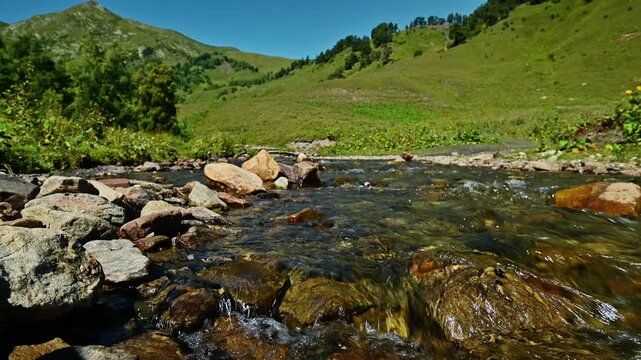Clear mountain stream flowing over rocks in green valley