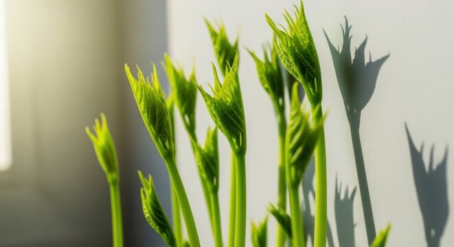 Young green sprouts unfurling catching sunlight with dramatic shadow play on wall symbolizing growth and new beginnings