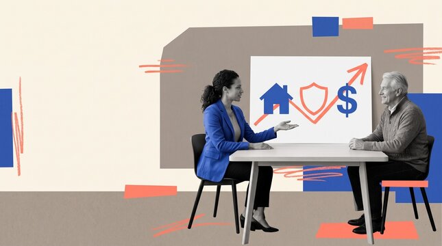 Financial advisor discussing retirement planning and social security strategy with a senior client, focusing on home protection, financial security and long term income stability