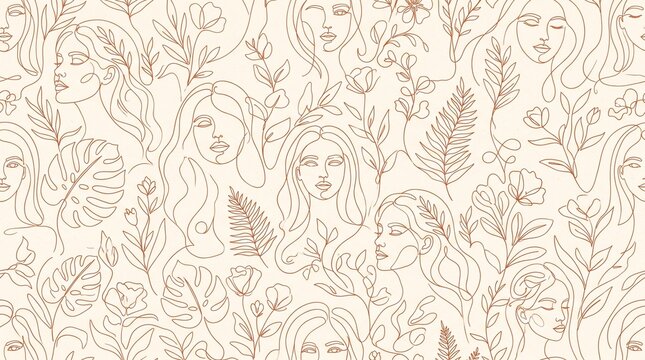 Seamless pattern featuring minimalist line art of female faces combined with various botanical elements with wildflowers light background intertwined tropical leaves