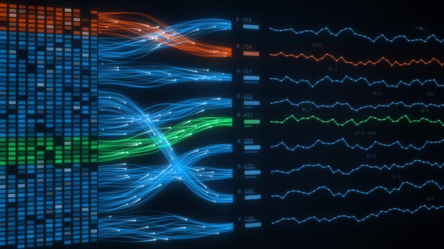 Digital data streams flow from a glowing grid into fluctuating analytics charts