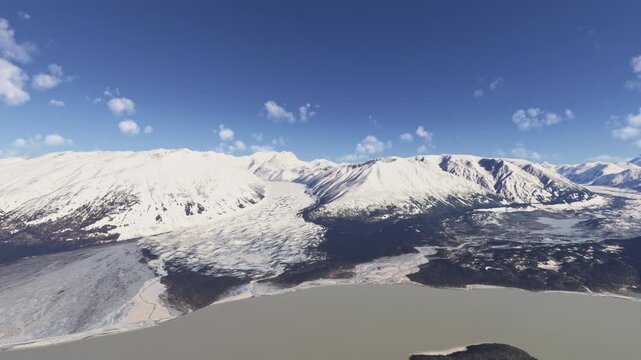 Side aerial shot of the snow at Wrangell St Elias National Park and Preserve in Alaska. United States