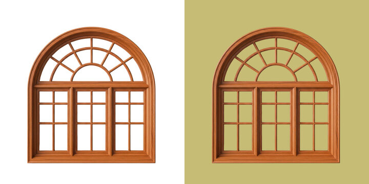Elegant arched wooden window frame with glass panes for home architectural design