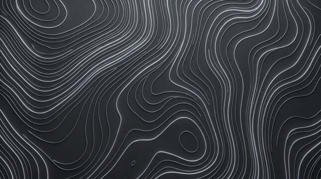 Abstract topographical map with flowing white contour lines on a dark gray textured background with lines against cartography topography minimalist