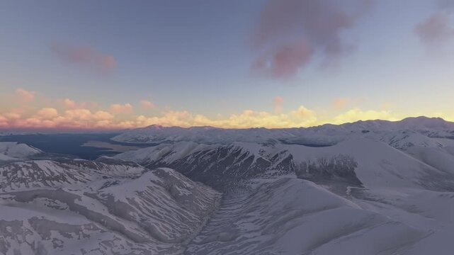 Sunrise aerial view of the snow in Wrangell St Elias National Park and Preserve in Alaska. United States