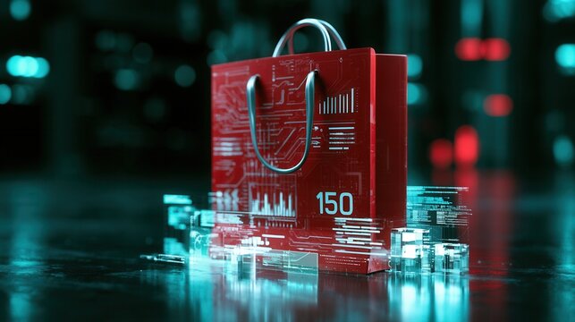 Red shopping bag with digital circuit pattern featuring number 150 for retail sales.