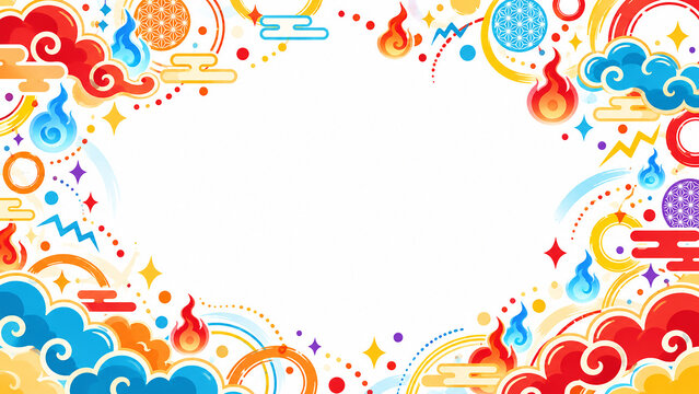 Japanese pop style frame background with colorful clouds and fire motifs