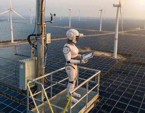 Robot humano&iuml;de inspectant une centrale solaire et parc &eacute;olien