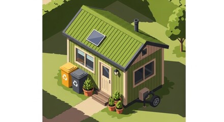 Obraz premium Tiny House on Wheels with Solar Panel and Garden Eco friendly Living Concept