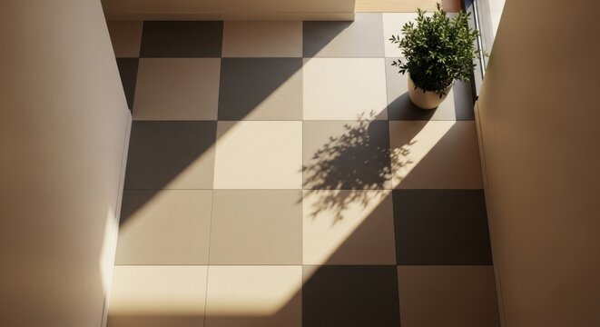 Sunlit Balcony Floor with Geometric Tile Pattern and Potted Plant Modern Outdoor Space