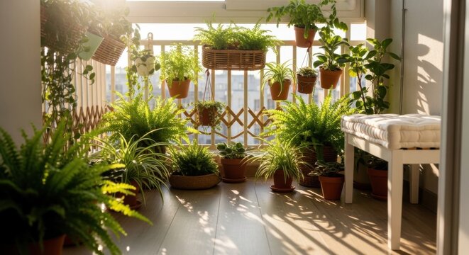 Sunlit balcony garden with abundant green plants and flowers creating a tranquil urban oasis