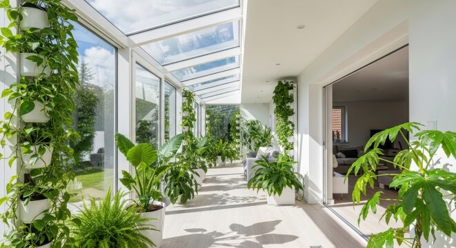 Sunlit Conservatory Filled with Lush Green Plants and Modern Design Bringing Nature Indoors