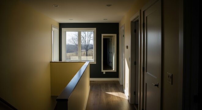 Sunlit hallway with wooden floor and view of trees through window modern home interior design