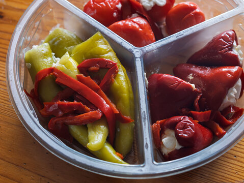 Colorful Assorted Peppers in a Divided Serving Dish